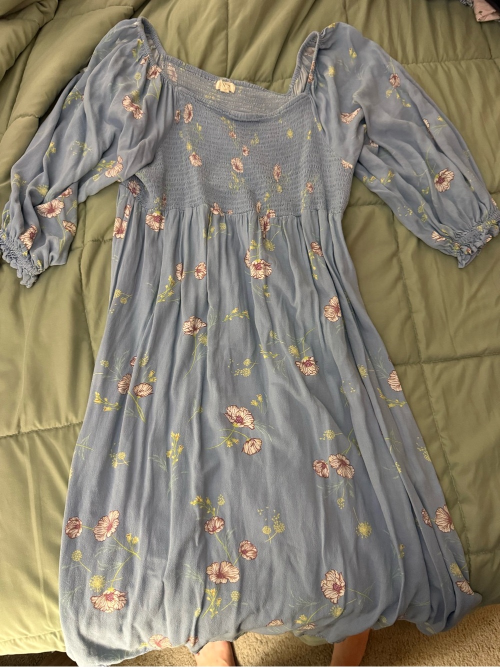 Anna Light Blue Floral Puff-Sleeve Dress